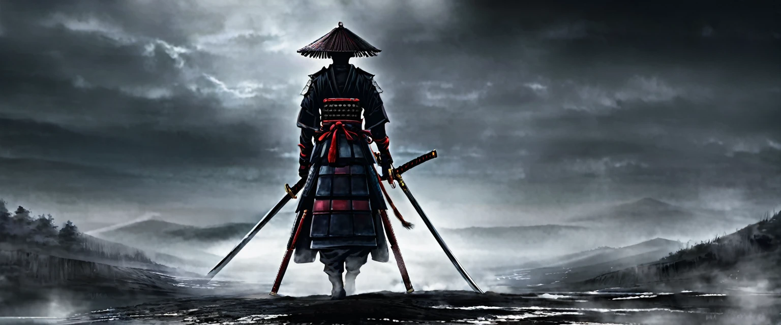 A battered dangerous Samurai, a black grim reaper approaching, a woman at the Samurai's feet, detailed eyes and face for the Samurai, detailed eyes and lips for the woman, sword raised in defiance, dark and menacing atmosphere, intense lighting, oil painting style, high-quality 4k resolution, intense emotions, dynamic pose, haunting background, realistic and photorealistic depiction, vivid colors, dramatic shadows, sharp focus, powerful composition, textured brushstrokes, atmospheric perspective, epic battle scene, mystical aura, Japanese aesthetics, traditional armor, distressed and worn-out appearance, intricate details on the Samurai's armor and weapon, ethereal presence, suspenseful ambiance, selective lighting highlighting key elements, compelling storytelling, cinematic style, contrasting light and dark tones, tension and danger in the air, visual storytelling, sinister and ominous presence, cinematic framing, emotional intensity. (best quality, 4k, highres, masterpiece:1.2), ultra-detailed, realistic (photo-realistic:1.37) samurai, grim reaper, woman, eyes, face, lips, sword, dangerous, defiance, grim, intense, oil painting, atmosphere, lighting, powerful, composition, brushstrokes, dramatic, shadows, epic battle, 