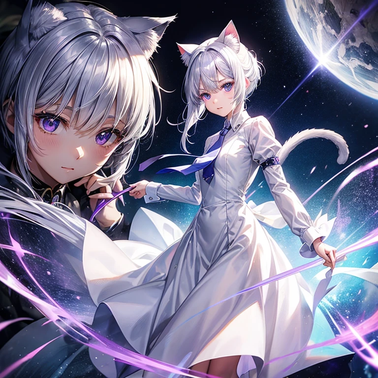 Cat ear、Silver Hair、Purple eyes、beautiful girl、White dress shirt、Blue tie、cool、Short Haircut、Less exposure、Cat tail（silver）
