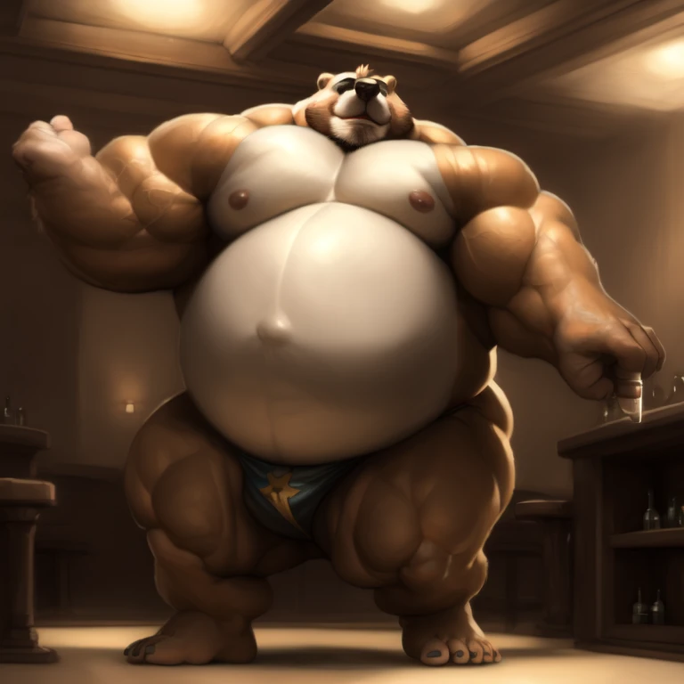 ((Masterpiece)),((Hight quality)),((Hught Detailed)),((Realistic,)) Anime Artistic masterpiece art, Concept anime art, Obese sumo Bears, He is a porn star who creates a weight gain potion, In a scene where you can see that the scientist drink and his body grow and gain weight and thanks to that he begins to dance for his clients in the club.