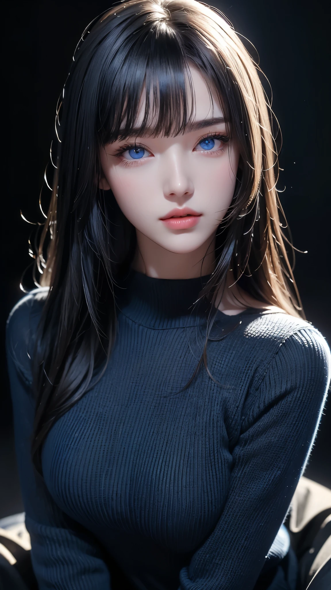 masterpiece, highest quality, Super detailed, Facing the camera, 複雑に詳細なSuper detailed, Realistic, Sharp features, Very detailed, Sharp focus, Perfect Face, Perfect Face, Perfect symmetrical perfect eyes, Perfect Plump Lips, Flexible female form, Cinematic, Film Light, Super detailed, hyper Realistic, masterpiece, Atmospheric, High resolution, Vibrant, Dynamic Studio Lighting, ((Dark Background)), The expression when receiving pleasure, Straight bangs, blue eyes,Black sweater, Cowboy Shot,