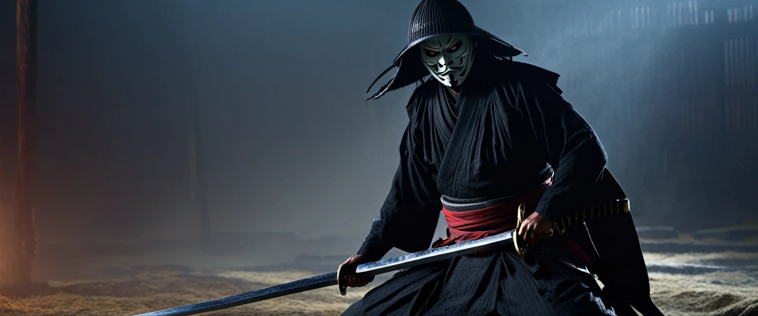 A battered dangerous Samurai, a black grim reaper approaching, a woman at the Samurai's feet, detailed eyes and face for the Samurai, detailed eyes and lips for the woman, sword raised in defiance, dark and menacing atmosphere, intense lighting, oil painting style, high-quality 4k resolution, intense emotions, dynamic pose, haunting background, realistic and photorealistic depiction, vivid colors, dramatic shadows, sharp focus, powerful composition, textured brushstrokes, atmospheric perspective, epic battle scene, mystical aura, Japanese aesthetics, traditional armor, distressed and worn-out appearance, intricate details on the Samurai's armor and weapon, ethereal presence, suspenseful ambiance, selective lighting highlighting key elements, compelling storytelling, cinematic style, contrasting light and dark tones, tension and danger in the air, visual storytelling, sinister and ominous presence, cinematic framing, emotional intensity. (best quality, 4k, highres, masterpiece:1.2), ultra-detailed, realistic (photo-realistic:1.37) samurai, grim reaper, woman, eyes, face, lips, sword, dangerous, defiance, grim, intense, oil painting, atmosphere, lighting, powerful, composition, brushstrokes, dramatic, shadows, epic battle, 