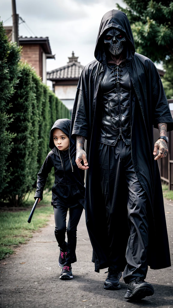 Black Grim Reaper and a scared girl running away