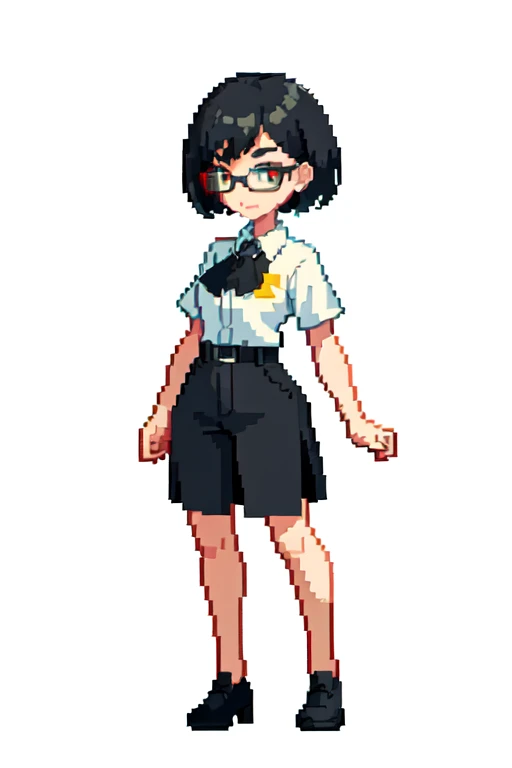 (masterpiece, top quality, best quality), pixel,pixel art,1girl,full body, black short hair wearing glasses
