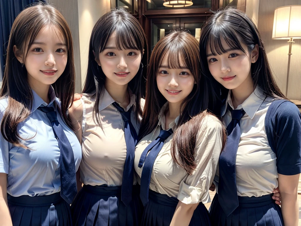 (8K, Raw photography, top-quality, ​masterpiece:1.2),  ((3 beatiful girls))、.（Realistic Skins 1.4）、（（（female high-school student、School Uniforms、）））、{{‎(Realistic lighting,during daytime,The background is a luxury hotel room}}（（School Uniforms、white Cutter shirt、darkblue pleatedskirt))、（(long hair)）、（A dark-haired、The forehead is hidden by bangs、）、Black eyes、shinny skin.Beautiful delicate face、Beautiful delicate eyes、｛Voluptuous body shape、Thicker thighs｝、One piercing in each ear、((smile:1.3)),((large breasts)), ((navy blue tie)) ,looking at camera, ((close up))