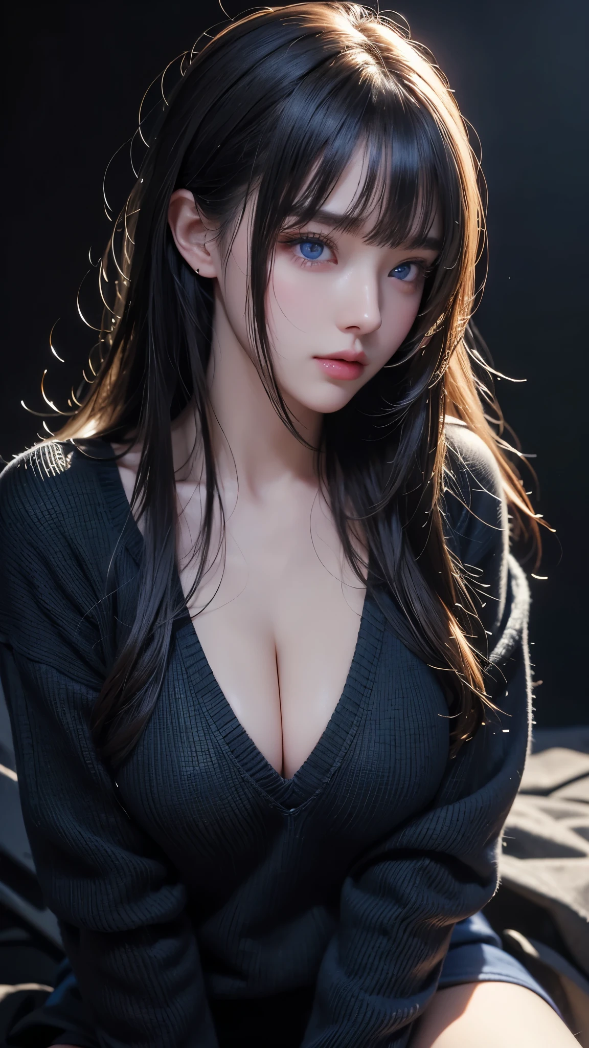 masterpiece, highest quality, Super detailed, Facing the camera, 複雑に詳細なSuper detailed, Realistic, Sharp features, Very detailed, Sharp focus, Perfect Face, Perfect Face, Perfect symmetrical perfect eyes, Perfect Plump Lips, Flexible female form, Cinematic, Film Light, Super detailed, hyper Realistic, masterpiece, Atmospheric, High resolution, Vibrant, Dynamic Studio Lighting, ((Dark Background)), The expression when receiving pleasure, Straight bangs, blue eyes,Black sweater, Cowboy Shot,The cleavage is visible