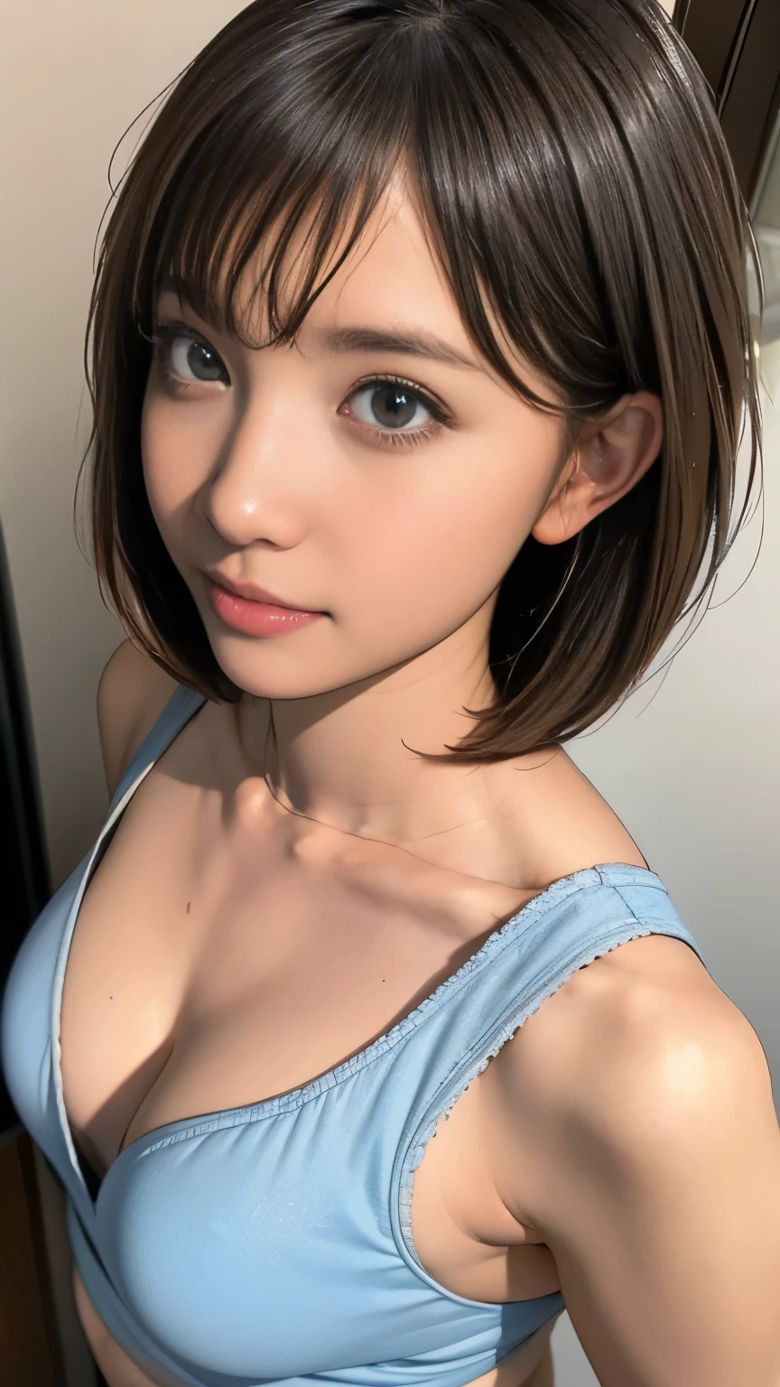 1 Female,from above,upper body,breast hold,face and body straight at the camera,Ultra-realistic as a photo,highest quality,8k, Ultra-high resolution,RAW Photos,well-proportioned body,Beauty,Small and beautiful breasts,POV,Sexy silk underwear,Sharpness,to close range,Short Bob Hair,tanaka hitomi,