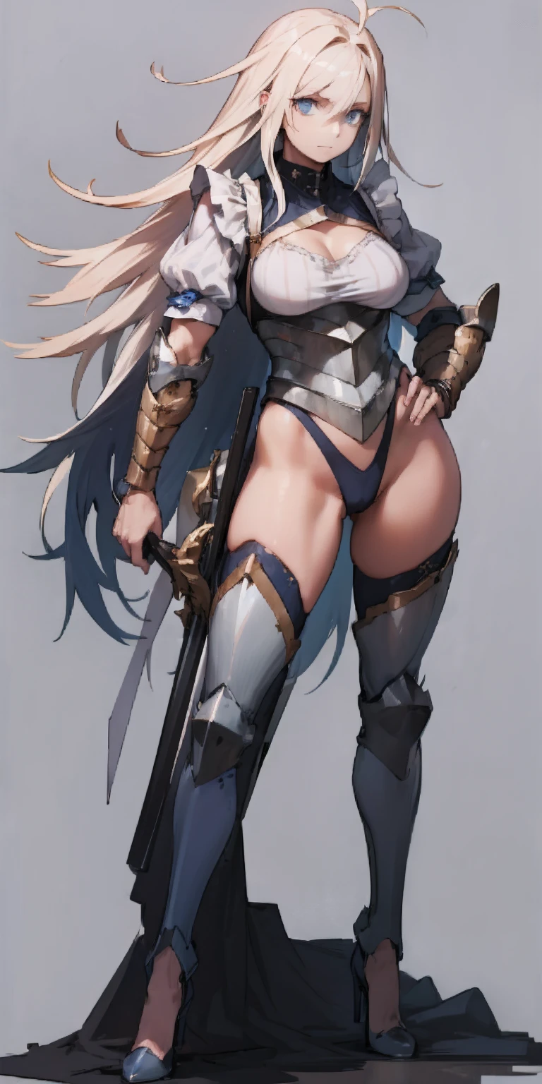 Female, standing, straight, long_hair, messy_hair, white_hair, maid with armor, metal high heels