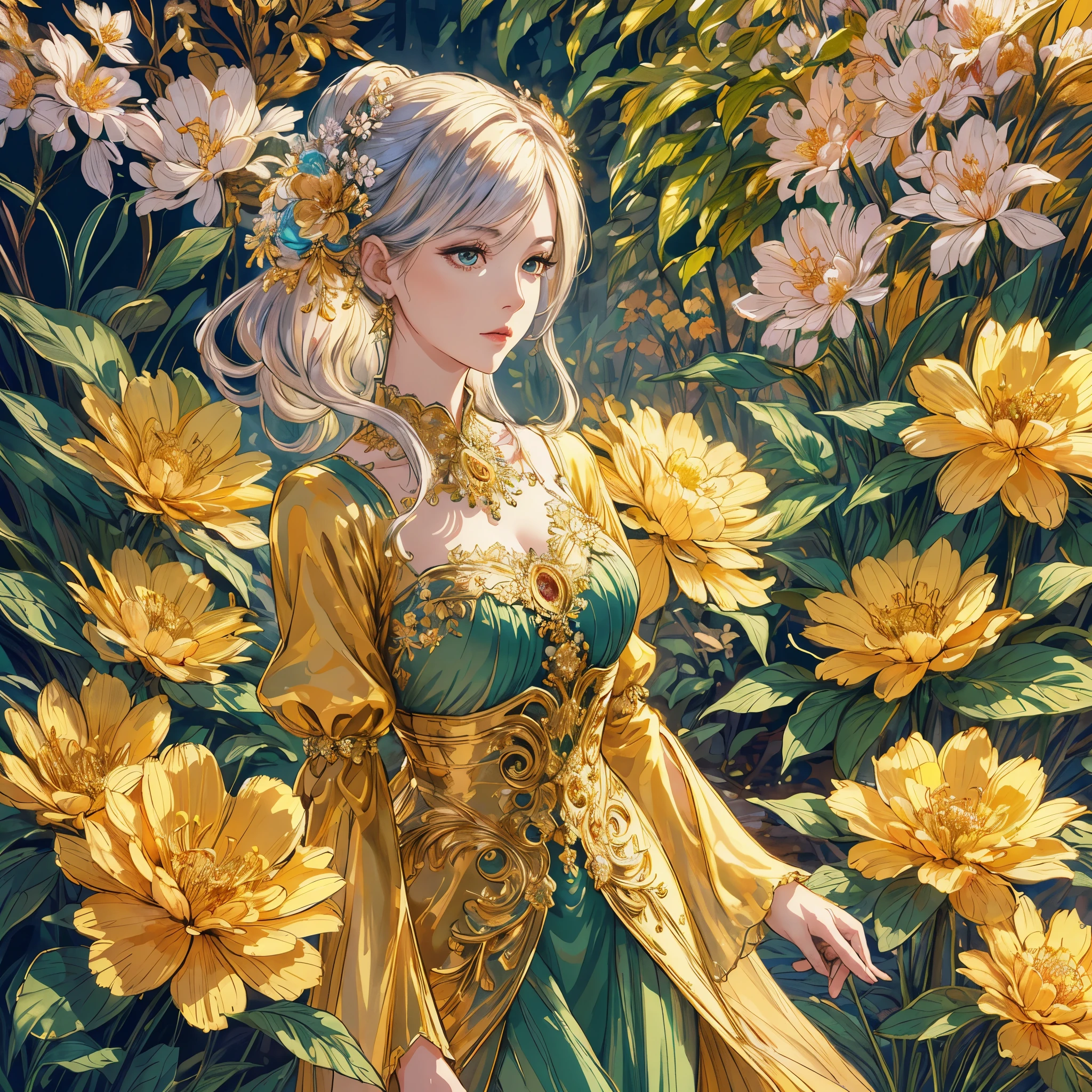 (best quality,highres,ultra-detailed:1.2),1girl,alone,mature,baroque style,long dress,long sleeves,elegant,vibrant colors,detailed face and upper body,elaborate hairstyle,ornate accessories,soft lighting,lush garden in the background,flowers in bloom,serene atmosphere