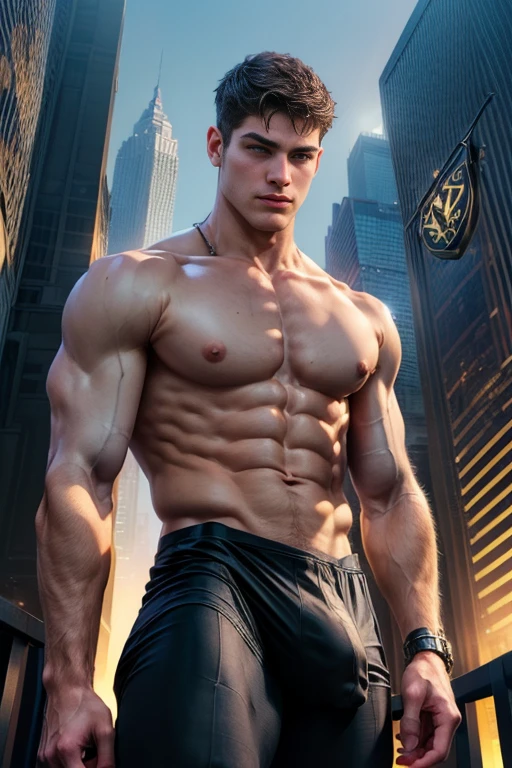 (masterpiece, high resolution, detailed:1.3), Amidst the towering skyscrapers of New York City, a young ((Spider-Man)) perches, ((shirtless:1.5)), revealing a toned physique honed from countless acrobatic swings between buildings. Even ((without the full suit)), the ((iconic spider emblem:1.3)) is prominent ((on his chest:1.3)), standing out against his sun-kissed skin.