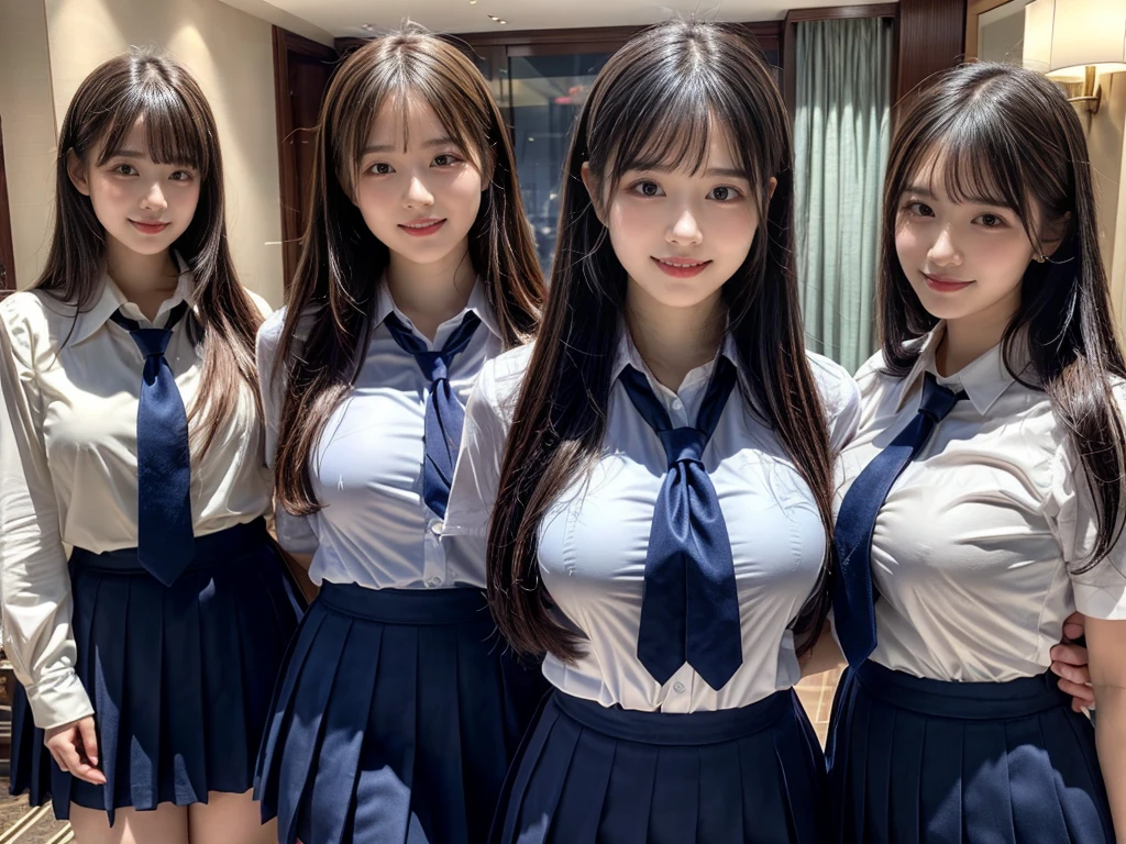 (8K, Raw photography, top-quality, masterpiece:1.2), ((3 beatiful girls))、.(Realistic Skins 1.4)、(((female high-school student、School Uniforms、)))、{{(The background is a luxury hotel room}}((School Uniforms、white Cutter shirt、darkblue pleatedskirt))、((long hair))、(A dark-haired、The forehead is hidden by bangs、)、Black eyes、shinny skin.Beautiful delicate face、Beautiful delicate eyes、{Voluptuous body shape、Thicker thighs}、One piercing in each ear、((smile:1.3)),((large breasts)), ((navy blue tie)) ,looking at camera, ((close up))