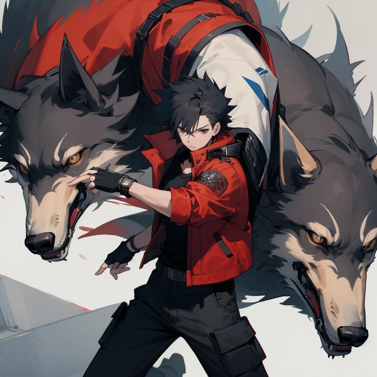 ((highest quality)), ((masterpiece)), (be familiar with), 1 male, alone, Black Hair,Spiky Hair,cargo pants,Red jacket,Black Shirt,Large,Fingerless Gloves, cyber punk,SF,Mechanical Wolf