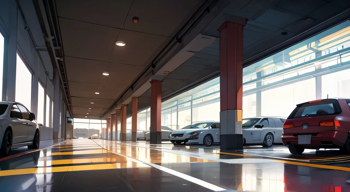Underground parking lot;Bright Lights;Parking space with lines drawn;Several cars parked;Lobby elevator entrance;panoramic;Wide-angle lens;Lots of columns;White lines