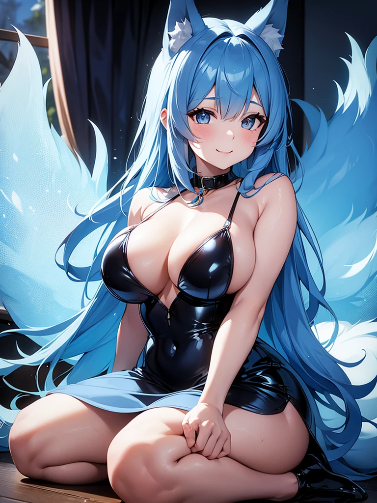 Happy woman, with wolf ears and blue hair, holding her cheeks, wolf tail, wearing a latex dress, looking at veiwer, full body, you can see her chest, naked breasts