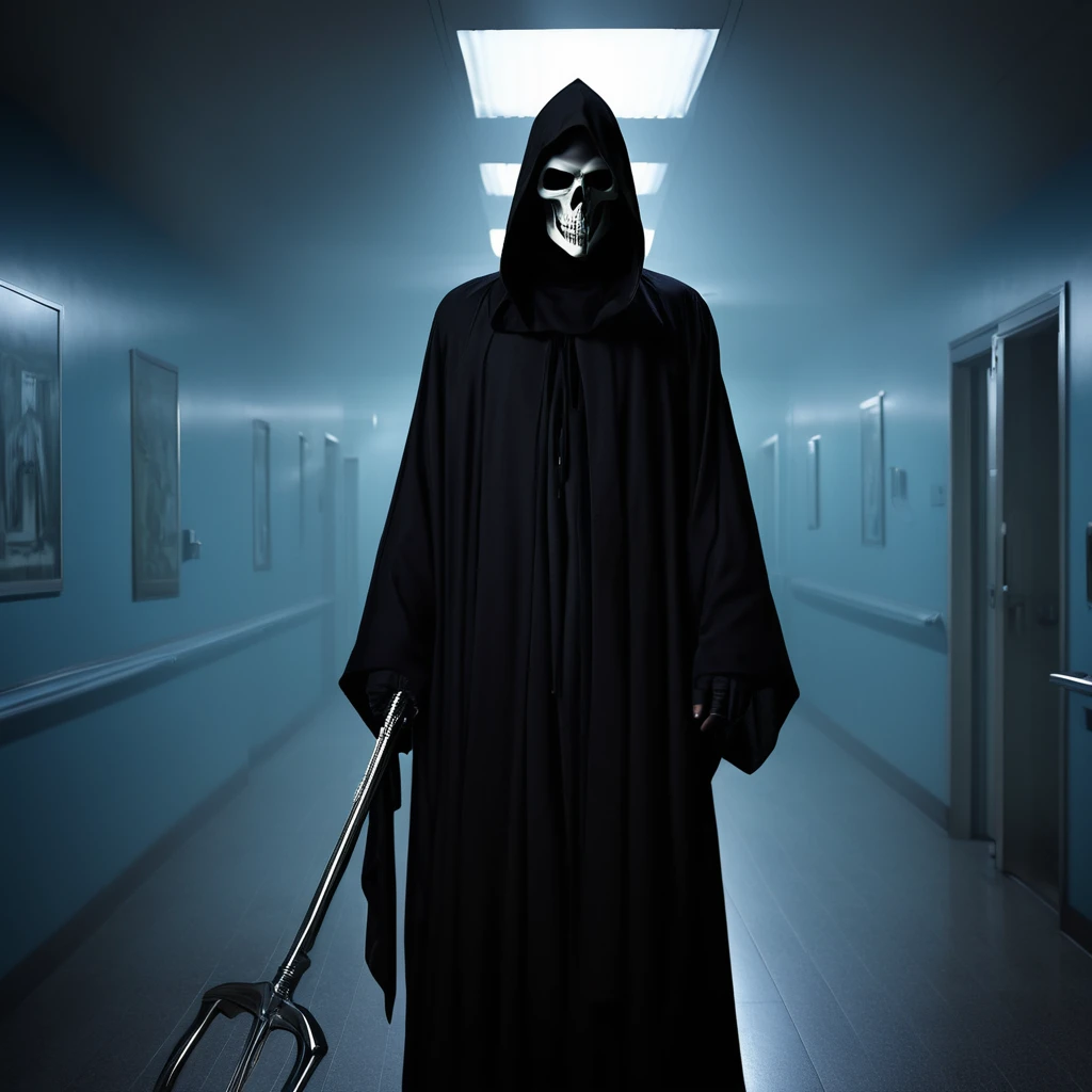 (best quality,4k,8k,highres,masterpiece:1.2),ultra-detailed,(realistic,photorealistic,photo-realistic:1.37),a black grim reaper,with detailed and flowing black robes,cloaked in shadows,walks unnoticed through a busy hospital. The grim reaper is extremely tall with a skeletal frame, holding a long and sleek scythe. The reaper's face is hidden beneath a black hood, but there is a sense of darkness and mystery emanating from its presence. The hospital is bustling with activity, nurses and doctors hurrying around attending to patients. The setting is dimly lit with flickering fluorescent lights, casting eerie shadows on the walls. The air feels heavy with a sense of anticipation and fear. The grim reaper moves silently through the hallways, invisible to the living, but there is an unspoken understanding that its purpose is to guide souls to the afterlife. The scene is tinged with blue hues, giving it a somber and chilling atmosphere. The only sound that can be heard is the faint whisper of the reaper's robes, and the occasional beep from medical devices. This artwork is a fusion of horror and realism, capturing the essence of life and death in a hauntingly beautiful way.