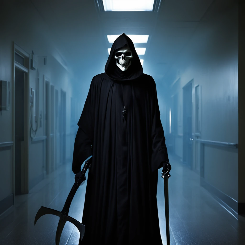 the grim reaper's shadow reflection in a gym's mirror, nightmare