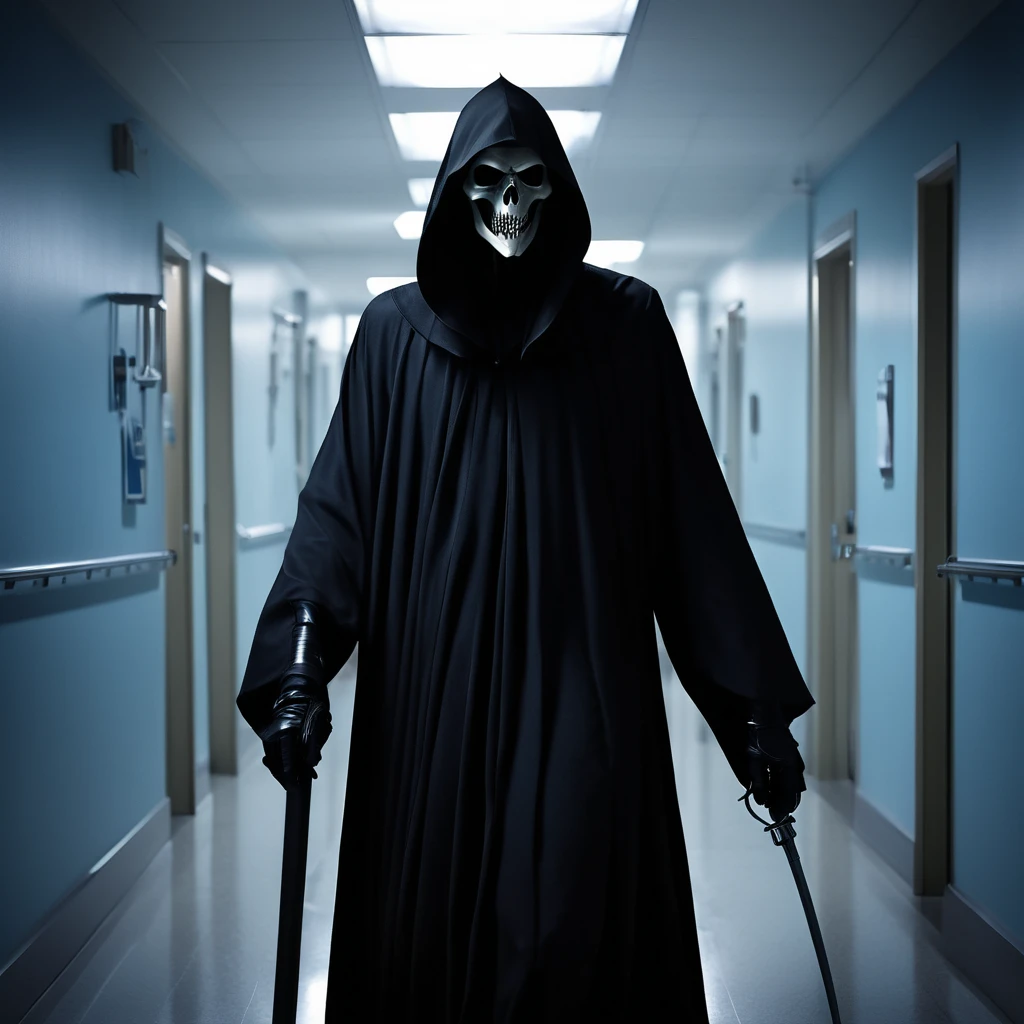 (best quality,4k,8k,highres,masterpiece:1.2),ultra-detailed,(realistic,photorealistic,photo-realistic:1.37),a black grim reaper,with detailed and flowing black robes,cloaked in shadows,walks unnoticed through a busy hospital. The grim reaper is extremely tall with a skeletal frame, holding a long and sleek scythe. The reaper's face is hidden beneath a black hood, but there is a sense of darkness and mystery emanating from its presence. The hospital is bustling with activity, nurses and doctors hurrying around attending to patients. The setting is dimly lit with flickering fluorescent lights, casting eerie shadows on the walls. The air feels heavy with a sense of anticipation and fear. The grim reaper moves silently through the hallways, invisible to the living, but there is an unspoken understanding that its purpose is to guide souls to the afterlife. The scene is tinged with blue hues, giving it a somber and chilling atmosphere. The only sound that can be heard is the faint whisper of the reaper's robes, and the occasional beep from medical devices. This artwork is a fusion of horror and realism, capturing the essence of life and death in a hauntingly beautiful way.