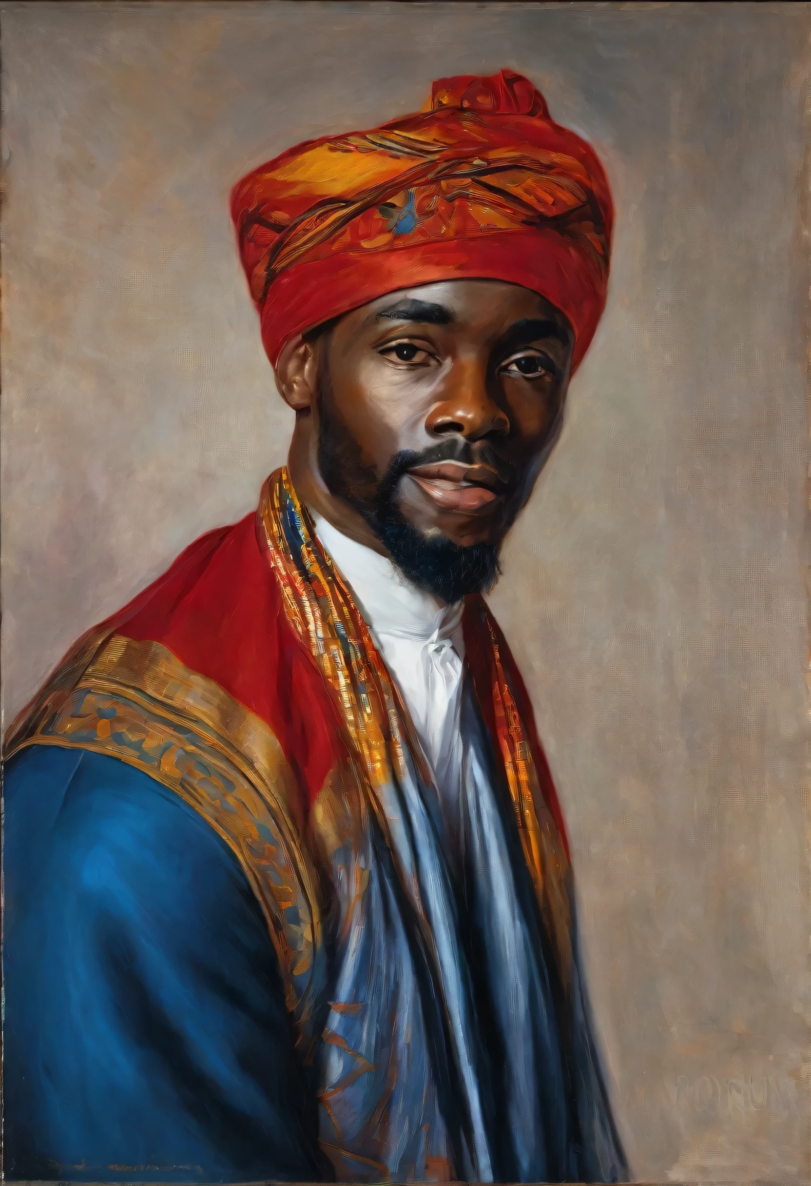 oil painting of a handsome black man, wearing african turban, rich red-blue-gold african clothes, with details, high definition, renoir