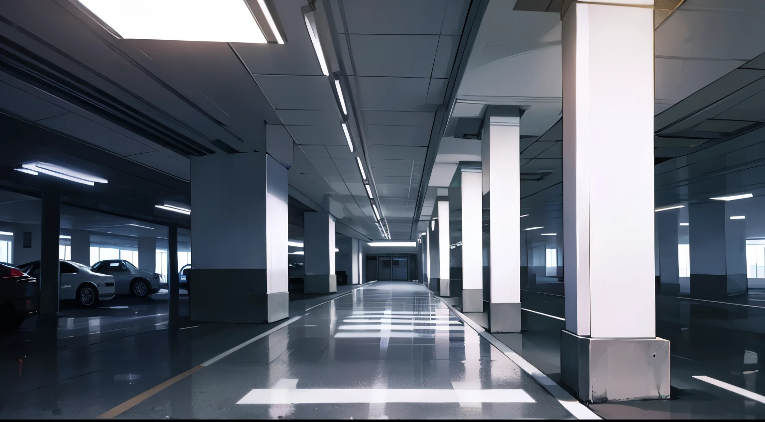 Underground parking lot;Bright Lights;Parking space with lines drawn;Several cars parked;Lobby elevator entrance;panoramic;Wide-angle lens;Lots of columns;White lines