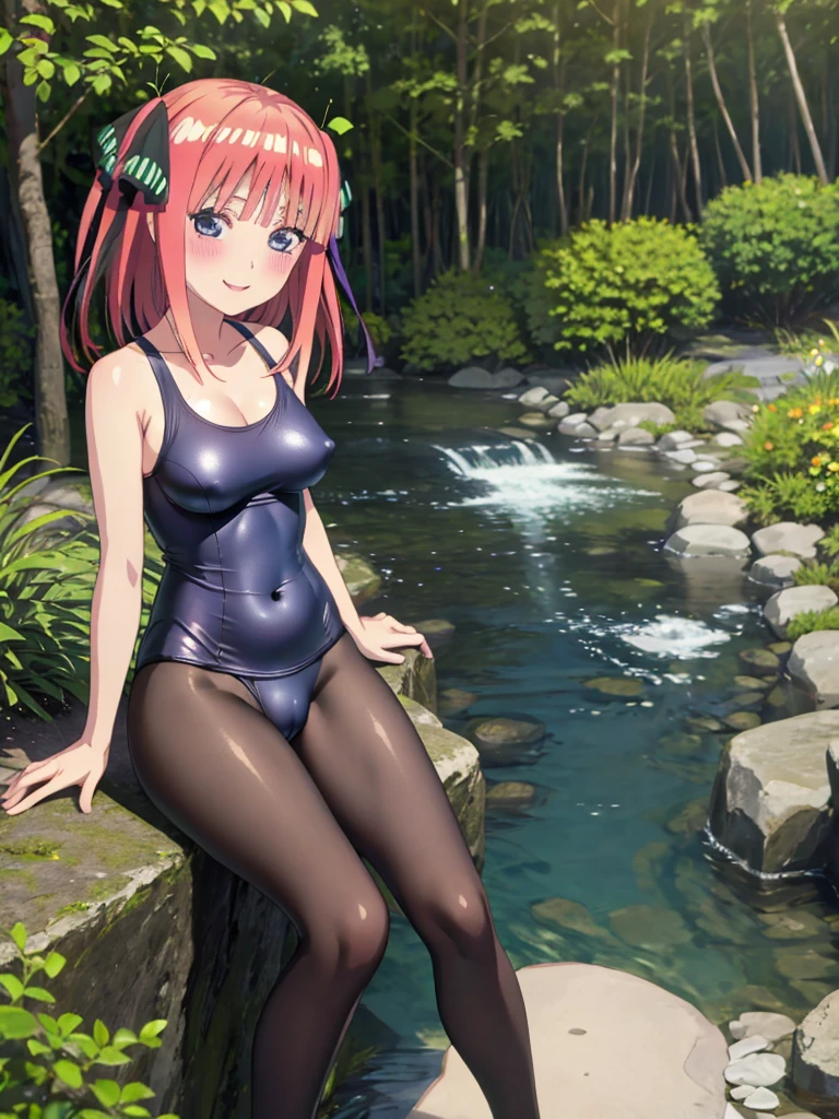 best quality, ultra-detailed masterpiece, nsfw, nino nakano, one-piece swimsuit, breasts, pantyhose, blush, smile, terrace, forest