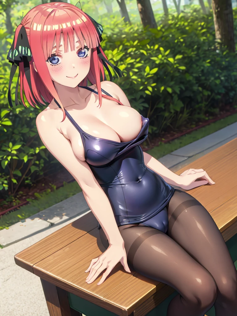 best quality, ultra-detailed masterpiece, nsfw, nino nakano, one-piece swimsuit, breasts, pantyhose, blush, smile, terrace, forest