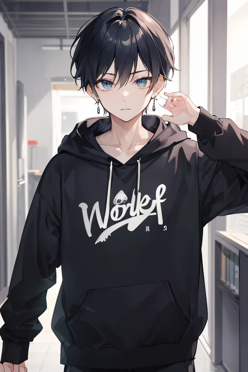 man、♂、Short wolf cut、bad、Earrings、Handsome、
Black hoodie、