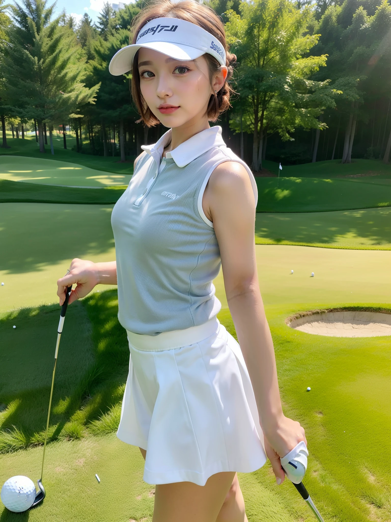 ((Best of the highest quality, 8k, Masterpiece: 1.3, raw photo)), Sharp focus: 1.2, (1 AESPA, slim body type female, 21 y/o: 1.1), (Solo: 1.2), (realistic, photo-realistic:1.37), face focus, cute face, finely eyes, side lighting, using reflectors, (small breasts, flat chest, Thigh: 1.3), (short messy hair, updo: 1.28), (golf wear, skirt, sun visor: 1.32), (ribbon:1.2), standing Golf course, sun light, flower