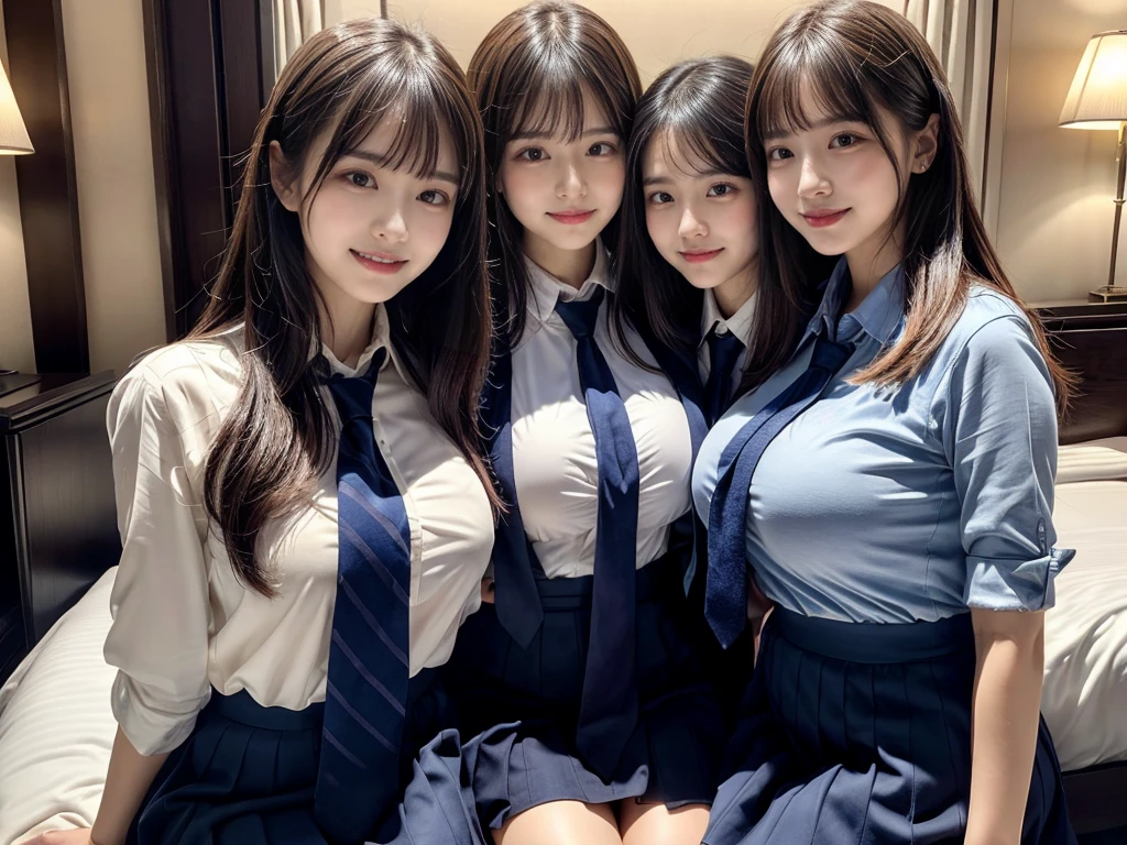 (8K, Raw photography, top-quality, ​masterpiece:1.2),  ((3 beatiful girls))、.（Realistic Skins 1.4）、（（（female high-school student、School Uniforms、）））、{{‎(The background is a luxury hotel room}}（（School Uniforms、white Cutter shirt、darkblue pleatedskirt))、（(long hair)）、（A dark-haired、The forehead is hidden by bangs、）、Black eyes、shinny skin.Beautiful delicate face、Beautiful delicate eyes、｛Voluptuous body shape、Thicker thighs｝、One piercing in each ear、((smile:1.3)),((large breasts)), ((navy blue tie)) ,looking at camera, ((close up))