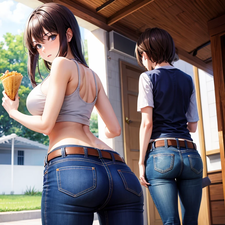A woman in full-zip shorts eats a tlayuda at a taco stand Jeans have a belt With side slits Big Ass Upper body naked