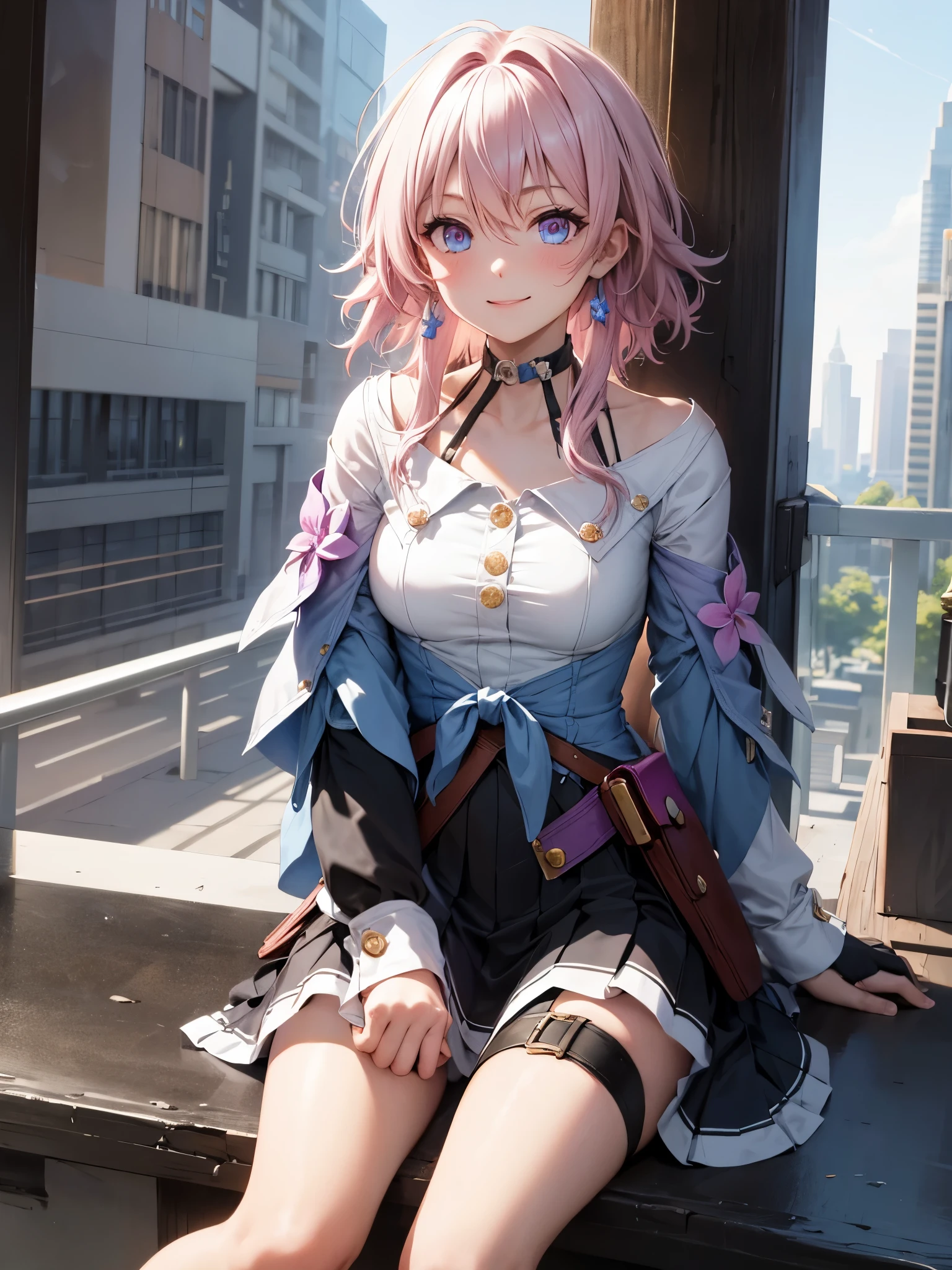 (masterpiece), best quality, expressive eyes, perfect face, 1 girl, solo, march seventh, blue eyes, hair between eyes, medium hair, pink eyes, pink hair, two-tone eyes, ankle boots, archery shooting glove, badge, bare legs, black choker, black corset, black footwear, black gloves, blue jacket, blue skirt, boots, button badge, buttons, choker, collarbone, corset, earrings, flower ornament, gloves, high heel boots, high heels, jacket, jewelry, long sleeves, miniskirt, partially fingerless gloves, pleated skirt, shirt, single earring, single glove, skirt, thigh strap, tied jacket, underbust, white shirt, smiling, city, background, futuristic city, sitting on the ground, knees up, upper body, portrait, looking at the viewer