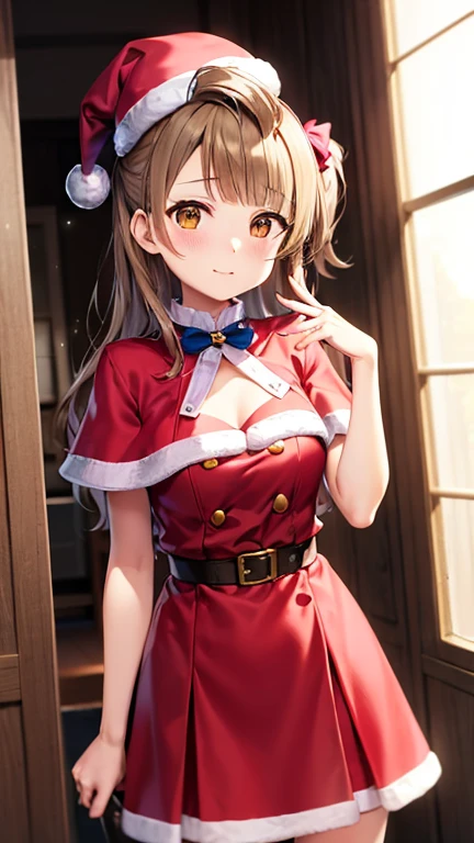 minami kotori、by the chestnut、(((mesa))), (((mejor calidad))), \(minami kotori\),guantes, mejores fotos, mesa, 1 chica en、masterpiece、super precision、solo、High Quality Anime Girl with Brown Hair and Brown Eyes.、[3D images:1.25],[[Ojos atractivos,Un ojo detallado、radiant eyes, ojos coloridos:1.1]],Referencias absolutas、tiro de vaquero,(dedos finos:1.1)、Una mano en la cadera、vista frontal、Cute anime illustration、8ＫImagen、inside the room、Lindo vestido rojo y blanco、high resolution、Sharp focus、Cinta para el pelo、guantes、Navidad、red capelet、sombrero de Santa、Dresses in Navidad colors、vestido sexy
