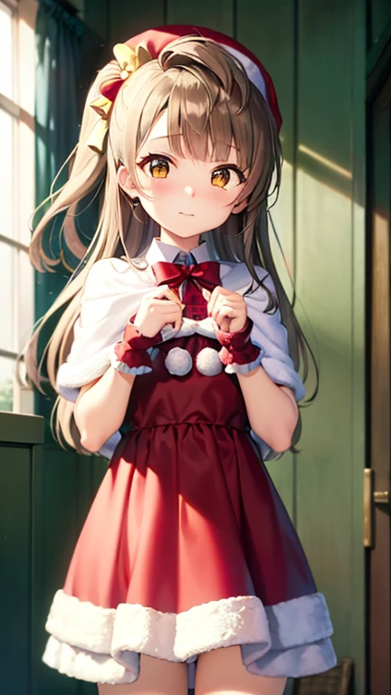 minami kotori、by the chestnut、(((mesa))), (((mejor calidad))), \(minami kotori\),guantes, mejores fotos, mesa, 1 chica en、masterpiece、super precision、solo、High Quality Anime Girl with Brown Hair and Brown Eyes.、[3D images:1.25],[[Ojos atractivos,Un ojo detallado、radiant eyes, ojos coloridos:1.1]],Referencias absolutas、tiro de vaquero,(dedos finos:1.1)、Una mano en la cadera、vista frontal、Cute anime illustration、8ＫImagen、inside the room、Lindo vestido rojo y blanco、high resolution、Sharp focus、Cinta para el pelo、guantes、Navidad、red capelet、sombrero de Santa、Dresses in Navidad colors、vestido sexy