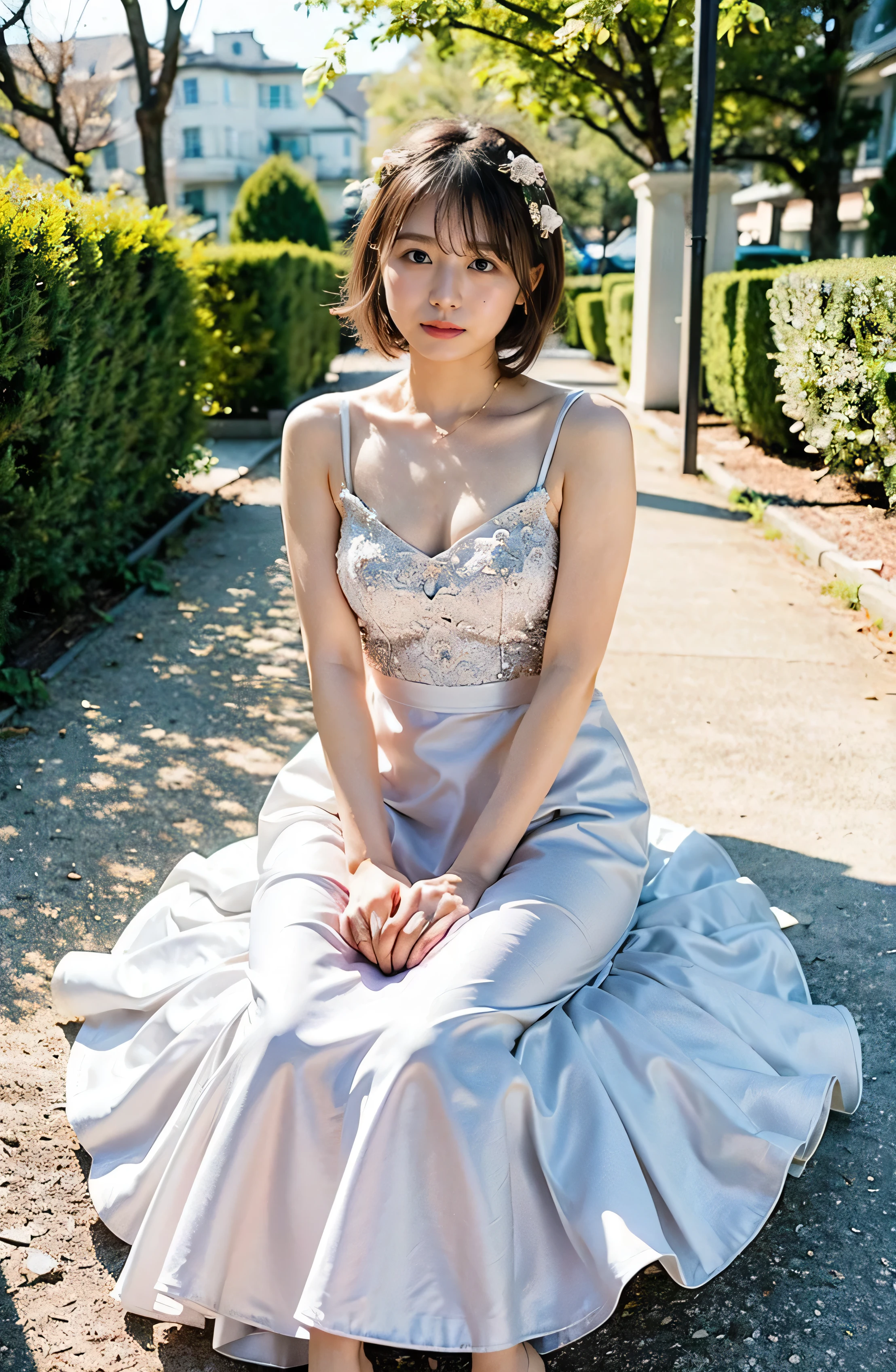 Stunning gardens、Colorful flowers々is blooming、White silk and shiny dress、A luxurious and elegant white wedding dress、Braided hair only for the bangs((wedding ceremony:1.4))、Full body photo、smile、 Caustics、Highly detailed photos、Very beautiful eyeedium Short Hair、Large Breasts、Super no makeup、(8k、RAW Photos、highest quality、masterpiece:1.2)、(Realistic、Realistic)、1 girl、((Medium Short Hair、Looking into the camera:1.4))、