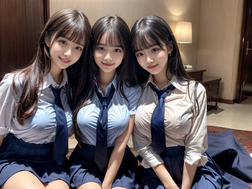 (8K, Raw photography, top-quality, ​masterpiece:1.2),  ((3 beatiful girls))、.（Realistic Skins 1.4）、（（（female high-school student、School Uniforms、）））、{{‎(The background is a luxury hotel room}}（（School Uniforms、white Cutter shirt、darkblue pleatedskirt))、（(long hair)）、（A dark-haired、The forehead is hidden by bangs、）、Black eyes、shinny skin.Beautiful delicate face、Beautiful delicate eyes、｛Voluptuous body shape、Thicker thighs｝、One piercing in each ear、((smile:1.3)),((large breasts)), ((navy blue tie)) ,looking at camera, ((close up))