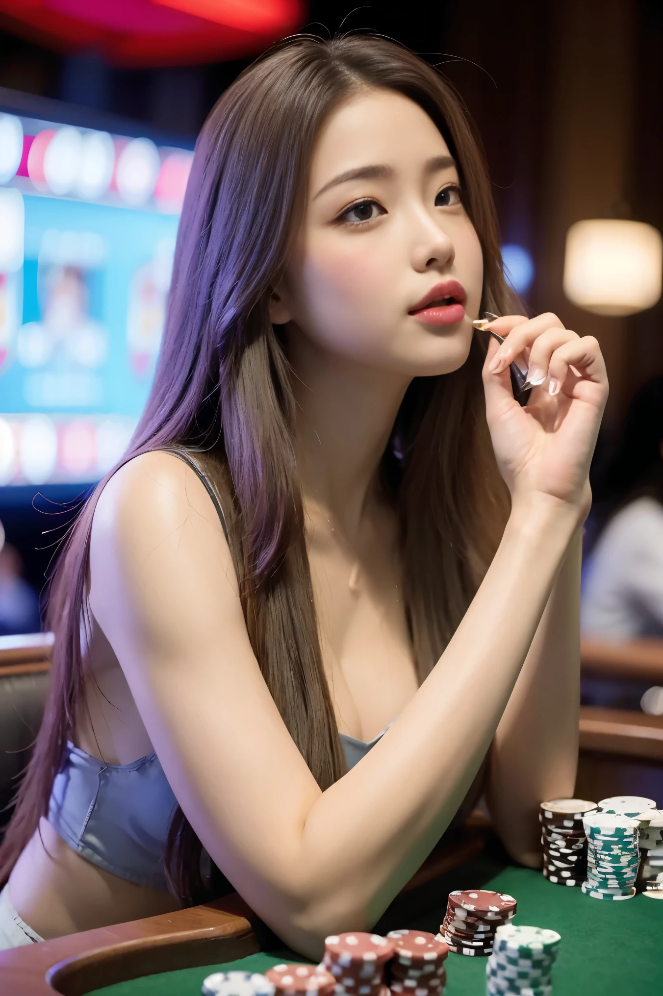Realistic, High resolution, 1 female, Glowing Skin, alone, Wide lips,Long Hair,Straight hair,Saggy breasts,Small face,Gray Hair,Color Contact Lenses,Casino Dealer Costumes,upward angle,Purse your mouth,Kissing Mouth,Table game dealer
