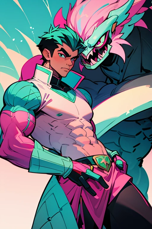 large and muscular twin dragons_ white scales with turquoise and pink details_ wearing a stylish coat with abstract details_ ripped black jeans. super muscular_ bodybuilder_ big dick.