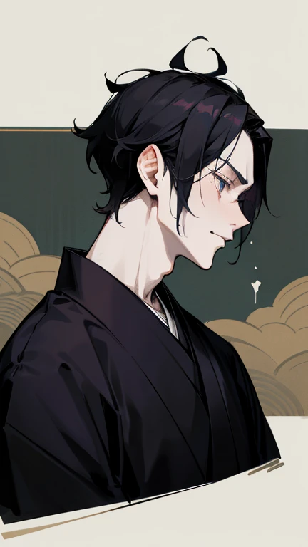Black kimono from the Taisho period、（Pale-faced man）、（A handsome man who is emaciated due to illness）、Upper Body、Black Hair、looking at the camera、I am going to cry