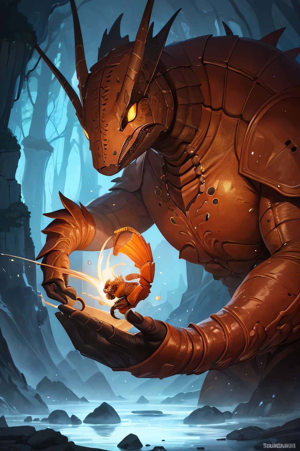 (masterpiece, best quality)
1.5k Digital Art!!!
beautiful detailed creature,
brown lobster-like mammal,
living inside the Earth,
large subterranean creature,
vivid earth tones and textures,
highly realistic rendering,
Octane Render,
top light,
close-up perspective,
iso400,
intricate patterns and details,
luminous bioluminescence,
Shimmering exoskeleton,
creature of mystery and wonder,
Subterranean Goliath,
[4k digital art]!!,
unique and awe-inspiring,
painted