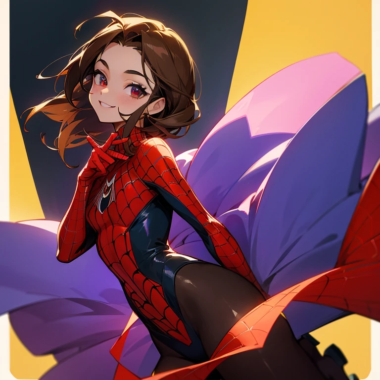 brown hair girl, ojos cafe claro, hermosa, bonita, muy linda, vestida xon un traje de spiderman 8D de color morado y verde, light skin with beautiful smile 17 years old