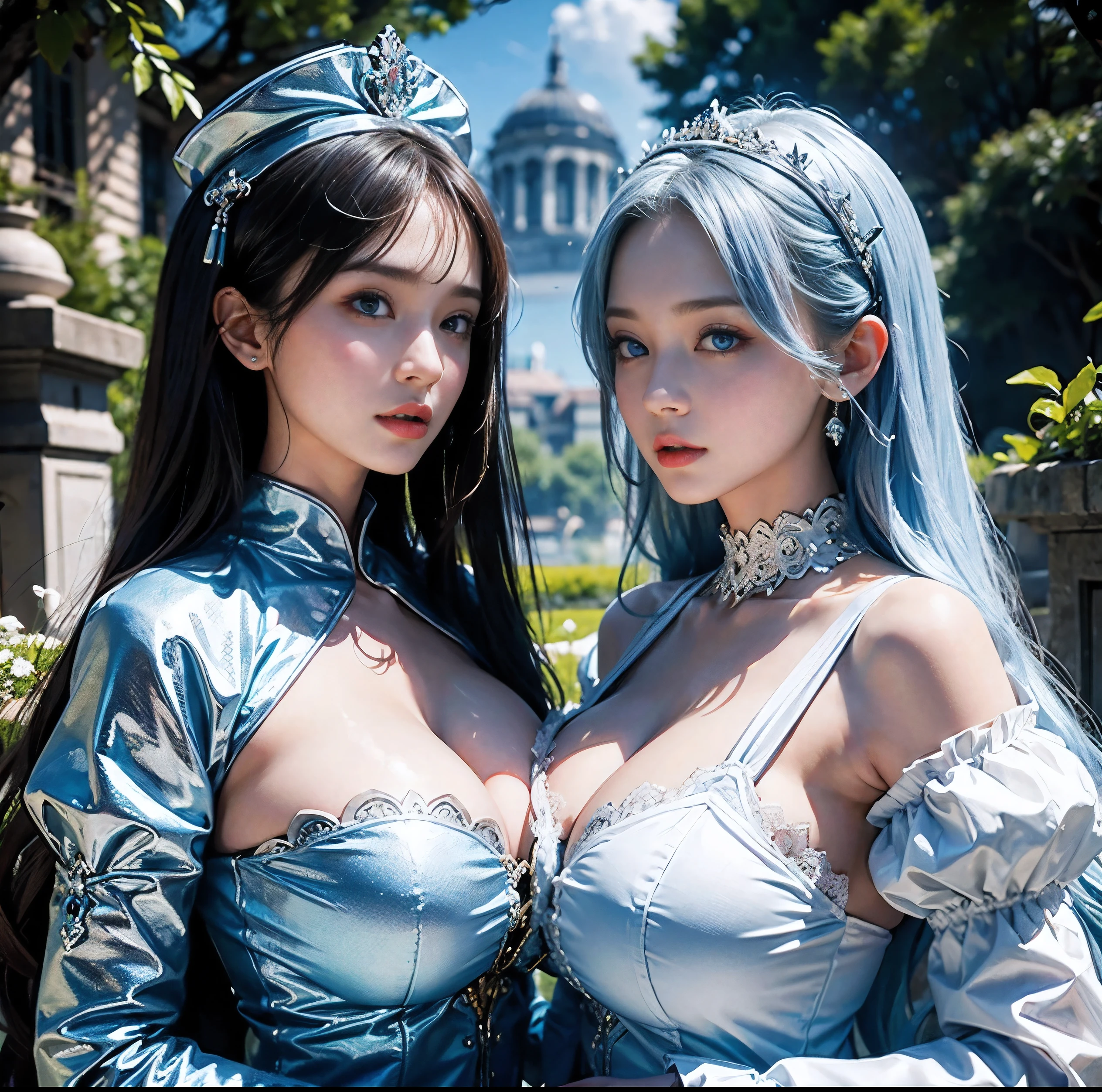 Highest quality, 8K quality, Masterpiece, Two busty women standing side by side, (Super big breasts compressed by clothes:1.2), Whitening skin, Sparkling Blue Eyes, Girls' High , Above the knee, Skirtliftv1, (Protruding and accentuated booty), Super big breasts in a frontal view, (White panties), grabbing own ass