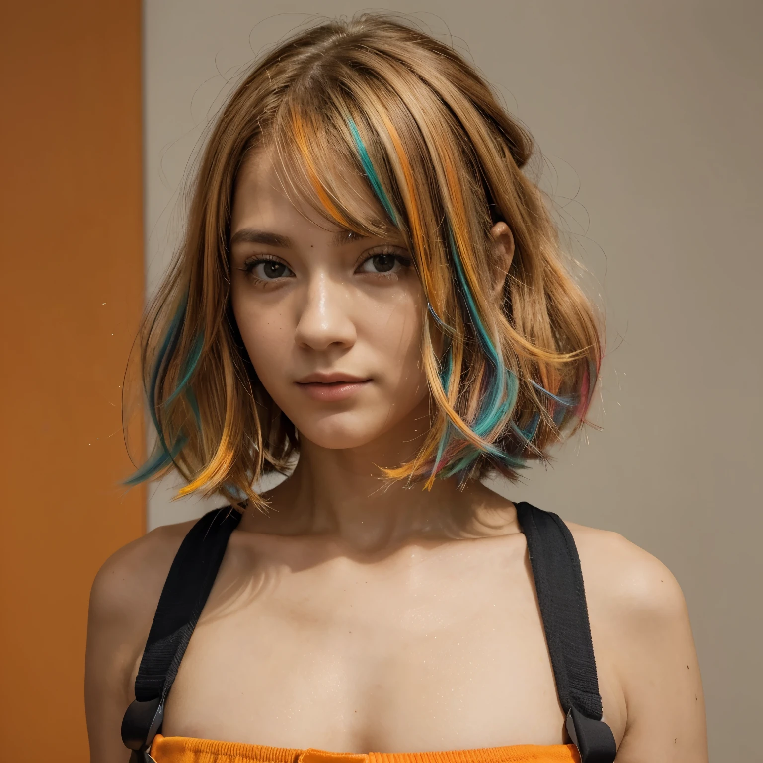 (Obra de arte), melhor qualidade, ultra-detalhado, illustration, warm lighting, Cores brilhantes, 1 garota, 13 anos, Sozinho, Cabelo muito comprido, cabelo cinza, cabelo laranja, cabelo interno laranja, olhos pretos, Cabelo interno colorido, Cabelo em dois tons, ahoge, cabelo absurdamente longo, orange Cabelo interno colorido, cabelo multicolorido, areola, , , pelada, cabelo solto, vento, um olho fechado, employees, vestir, armaduras, harness, Flutuando,, ,  