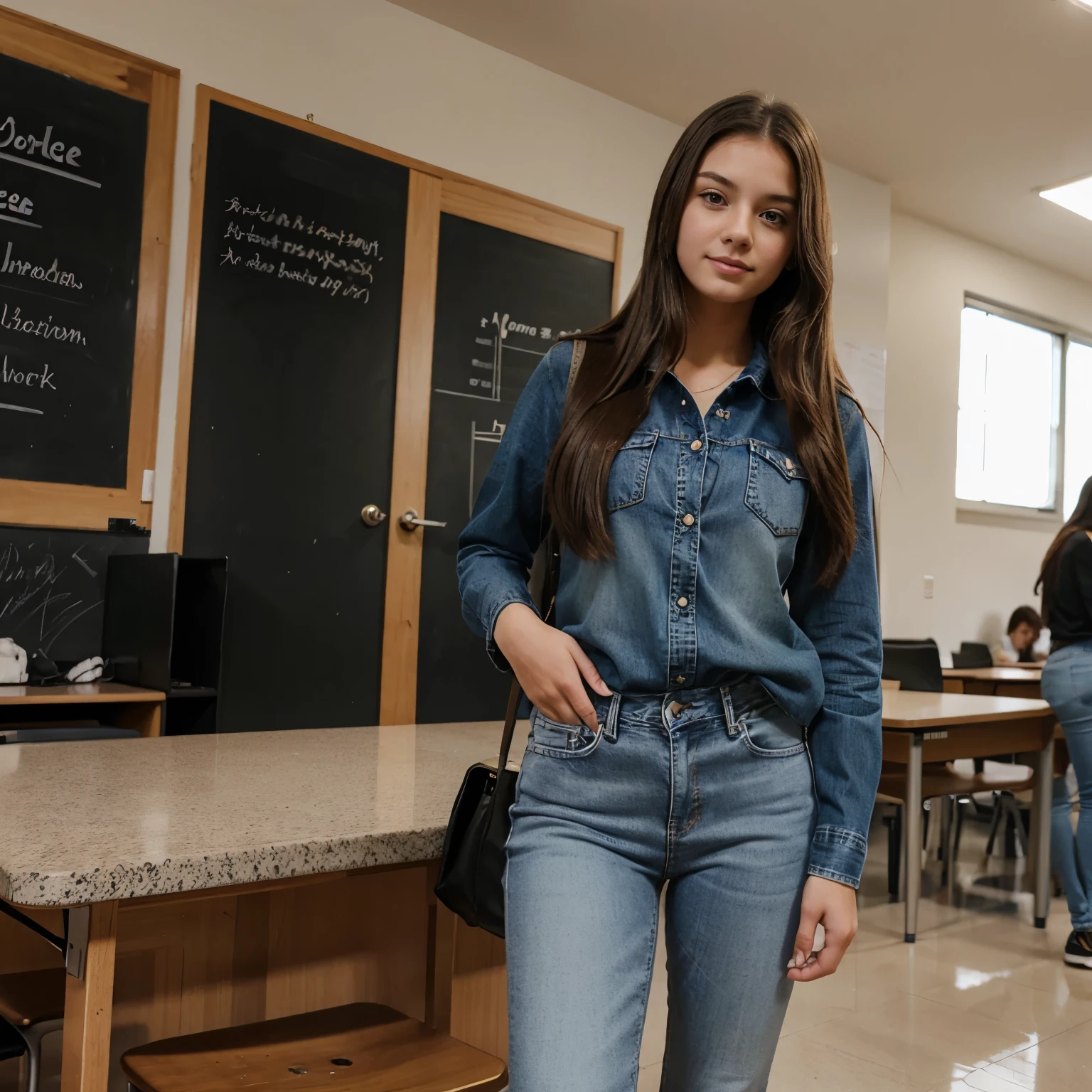 Student girl with long hair wearing jeans
