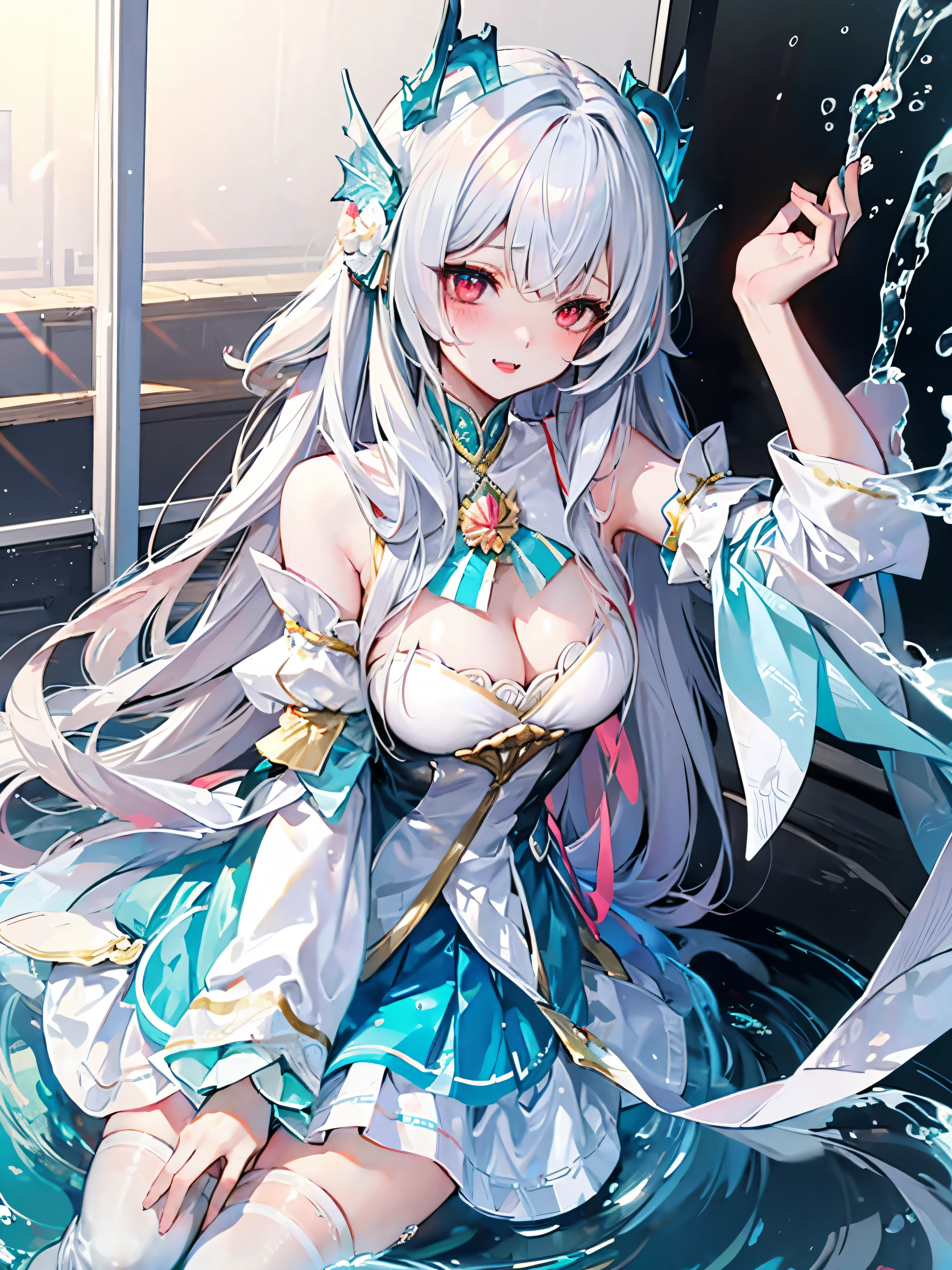 Long head with white hair, cute, red eyes, low cat ears, blushing, vaginal water, making sounds, panting, , white stockings, skirt pulled up, leaking out of the lower body