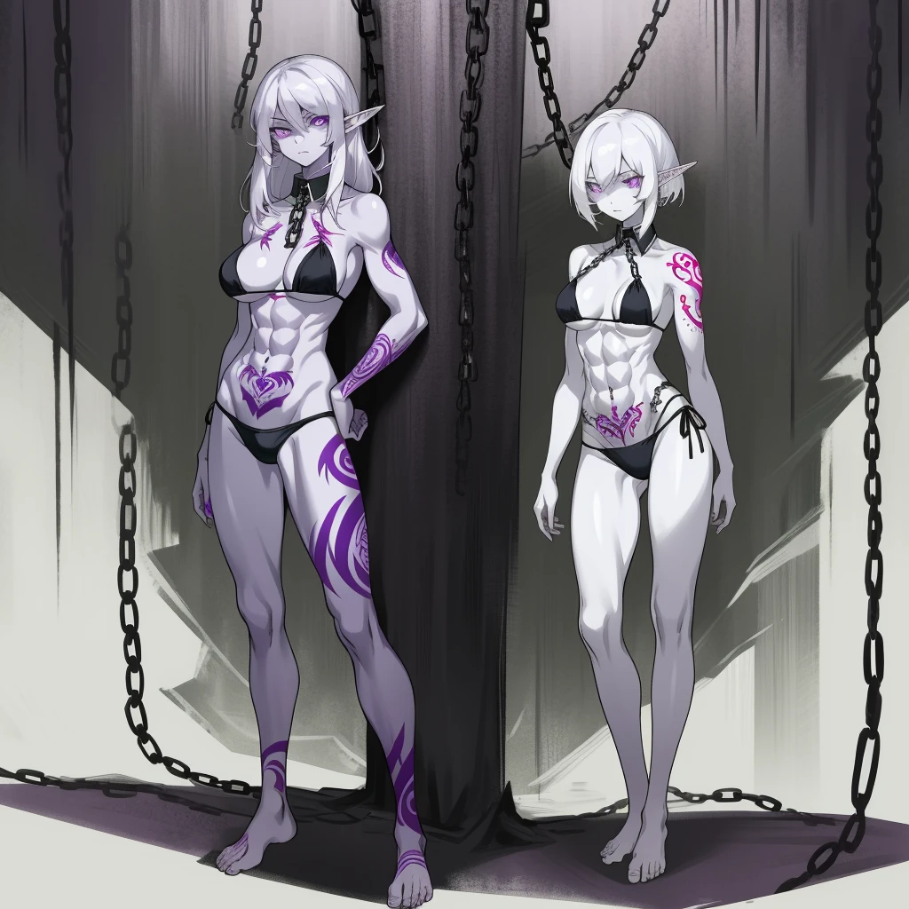 ((1girl)) full body, standing, grey skin, drow, elf, mature, purple eyes, white hair, black bikini, abs, big knockers, tatter rags, chain collar, stomach tattoo (red tattoo)