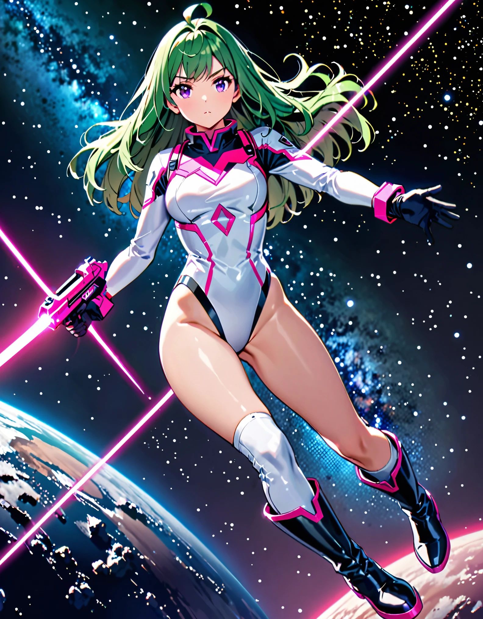 masterpiece, best quality, 1girl, solo, superhero, leotard, bare legs, matching boots, black boots, ankle-high boots, white thighhigh leggings, looking at viewer, looking away, perfect hands, perfect eyes, perfect leotard, spacesuit, perfect legs, perfect arms, perfect fingers, medium breasts, white leotard, (red diamond (symbol) on chest), turtleneck, long sleeves, gloves, matching gloves, black gloves, (green hair), long hair, purple eyes, cute face, hair down, bangs, ahoge, (holding neon pink laser pistol), floating, hovering, outer space, serious, full body with costume