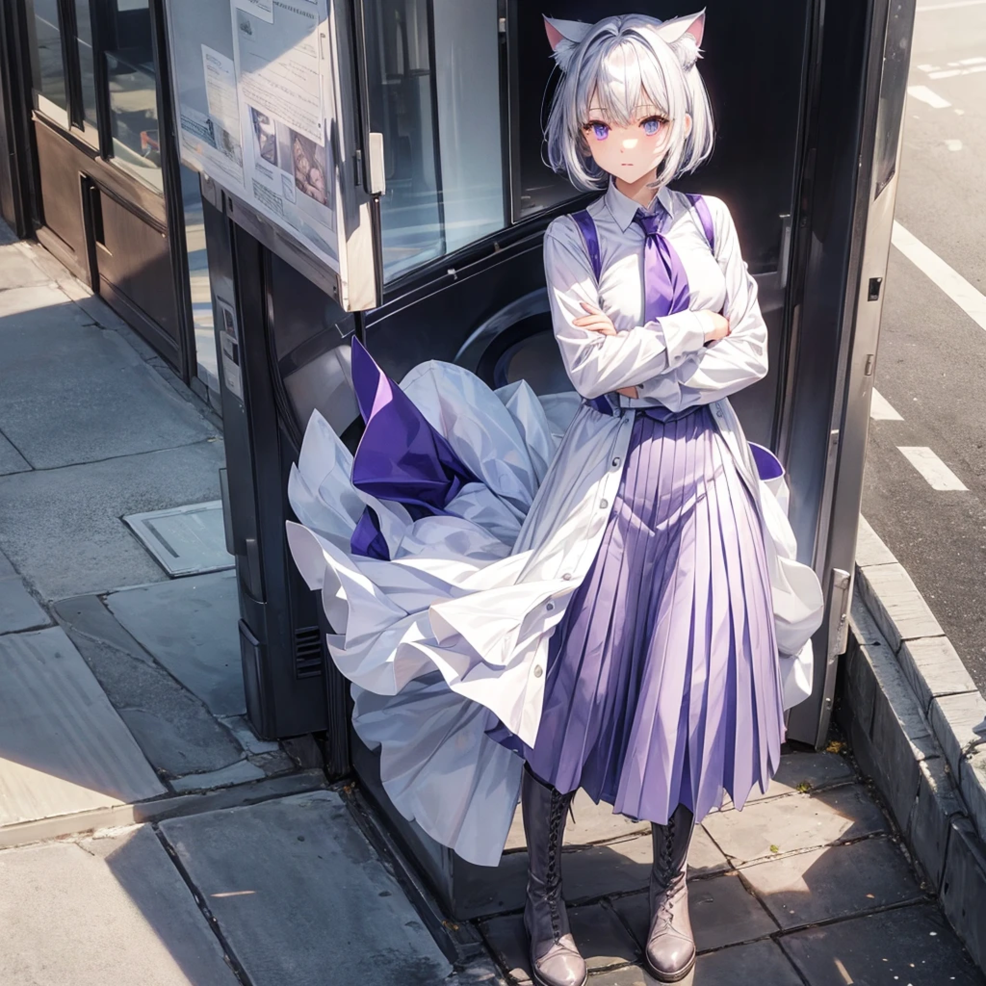 Cat ear、Silver Hair、Purple eyes、beautiful girl、White dress shirt、Blue tie、cool、Short Haircut、Less exposure、Cat tail(silver)、Pleated skirt、Brown long boots