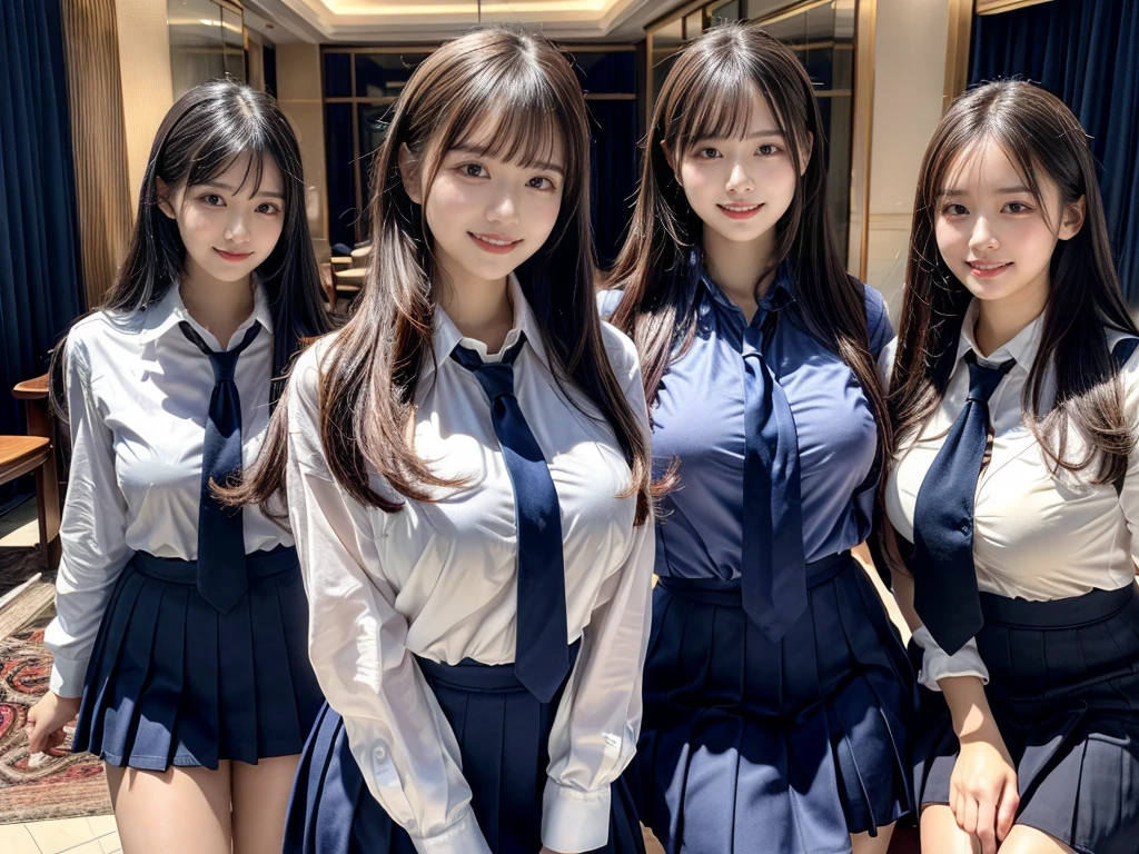 (8K, Raw photography, top-quality, ​masterpiece:1.2),  ((3 beatiful girls))、.（Realistic Skins 1.4）、（（（female high-school student、School Uniforms、）））、{{‎(The background is a luxury hotel room}}（（School Uniforms、white Cutter shirt、darkblue pleatedskirt))、（(long hair)）、（A dark-haired、The forehead is hidden by bangs、）、Black eyes、shinny skin.Beautiful delicate face、Beautiful delicate eyes、｛Voluptuous body shape、Thicker thighs｝、One piercing in each ear、((smile:1.3)),((large breasts)), ((navy blue tie)) ,looking at camera, ((close up))