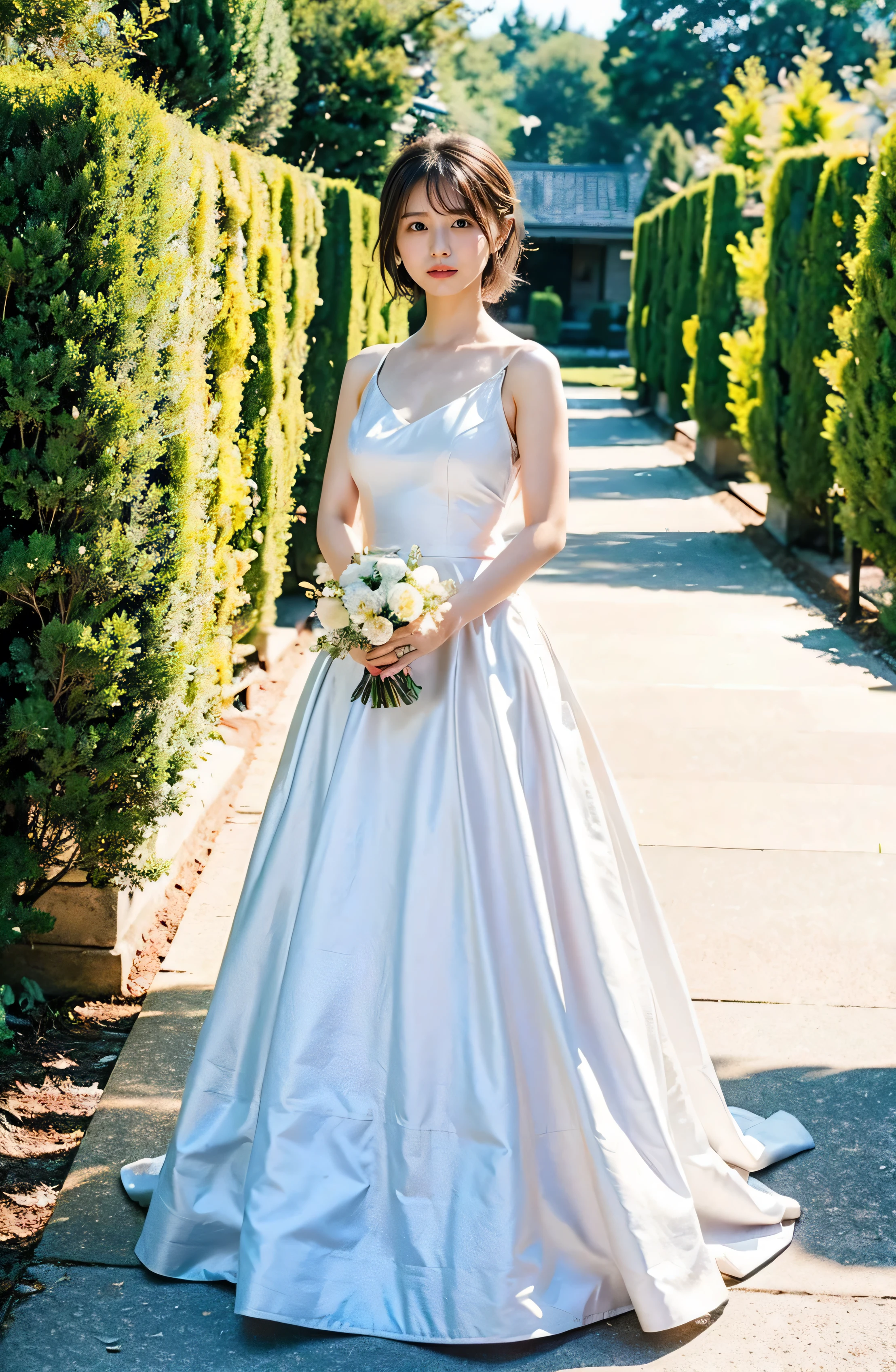 Stunning gardens、Colorful flowers々is blooming、White silk and shiny dress、A luxurious and elegant white wedding dress、Braided hair only for the bangs（（wedding ceremony:1.4））、Full body photo、smile、 Caustics、Highly detailed photos、Very beautiful eyeedium Short Hair、Large Breasts、Super no makeup、(8k、RAW Photos、highest quality、masterpiece:1.2)、(Realistic、Realistic)、1 girl、((Medium Short Hair、Looking into the camera:1.4))、
