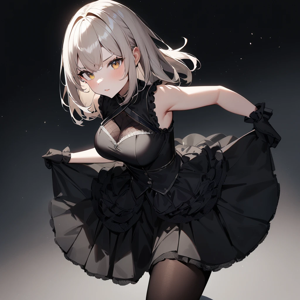 1 girl,best quality, very aesthetic,absurdres,looking at viewer,front view,Lovely lady,,skirt lift,high-grade,layer,westfrill,light hair,multilayer,blackcolor,trim,(side-Crisscross),breasts,upscale,Layered,yellow pale,blackglove,pantyhose,lovely,all black,Sleeveless,open stance,curtsey,impossible_clothes,half up,blouse,spread out 