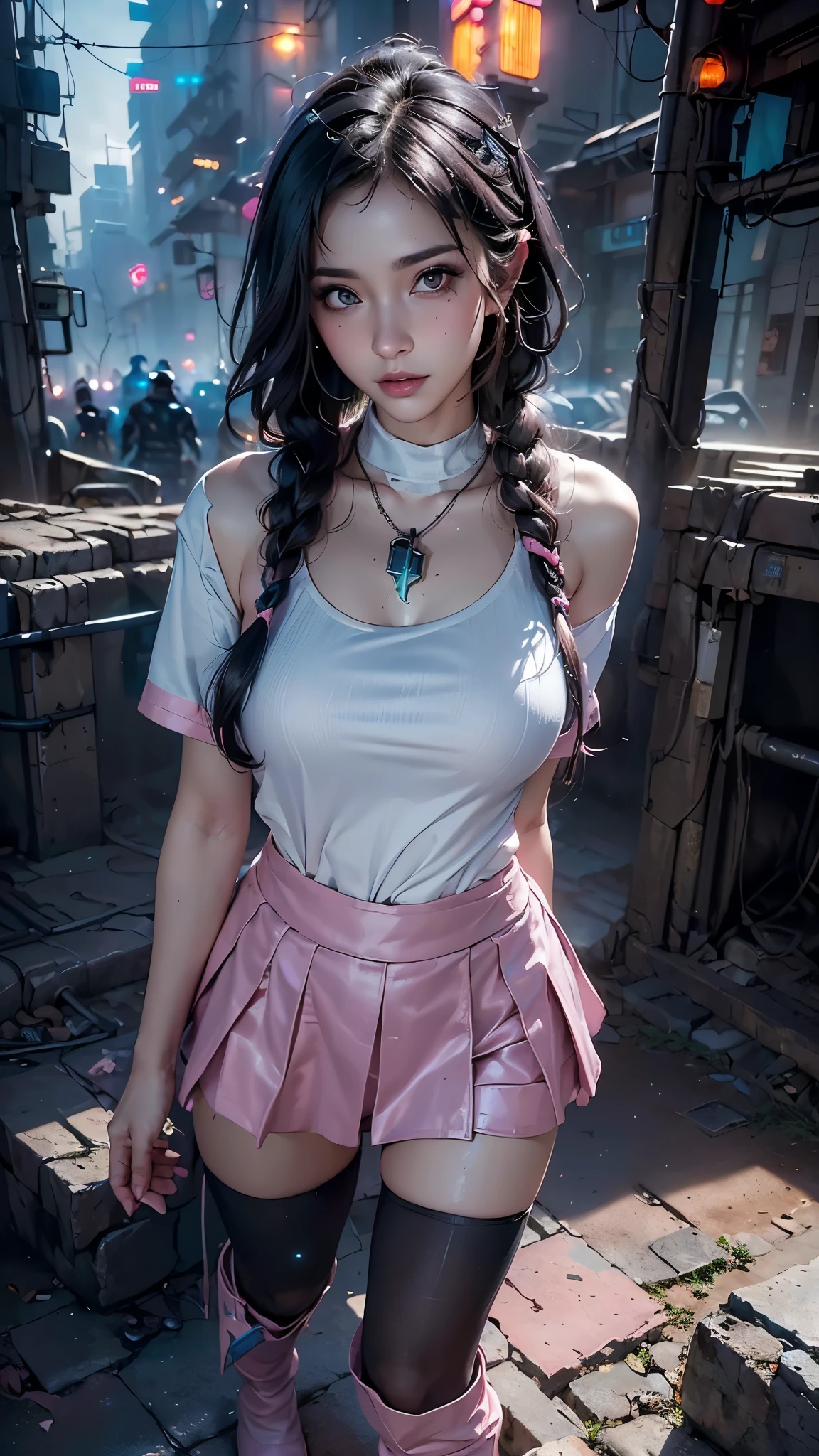(La mejor calidad,A high resolution,Ultra - detallado,actual),Ariana Grande, (Fantasy, Hard Rock Girl:1.4) , So beautiful and cute,( Pink wavy hair:1.2) , Side braid, (mini skirt pink :1.4) , (Knee-high socks:1.4) , (Engineer boot:1.4) , (background cyberpunk city galaxy:1.4) ,( dynamic cowboy pose), (perfect anatomy :1.4), (face detailed :1.4), ,(Fondo de ruinas de mazmorra en ruinas cyberpunk :1.4 ), 8K UHD, (cinematic lighting:1.4 ), (Cinematic V2.1),( Hard Rock Girl V2.1), (dedos hermosos detailed :1.4),( dynamic cowboy pose), More detailed 8K.motor irreal:1.4,UHD,La mejor calidad:1.4, fotorrealista:1.4, textura de la piel:1.4, obra maestra:1.8,obra-prima, mejor calidad,objeto Objeto], (detailed face features:1.3),(Las proporciones correctas),(Ojos hermosos azules),  (pose vaquero), (no mutaciones) 