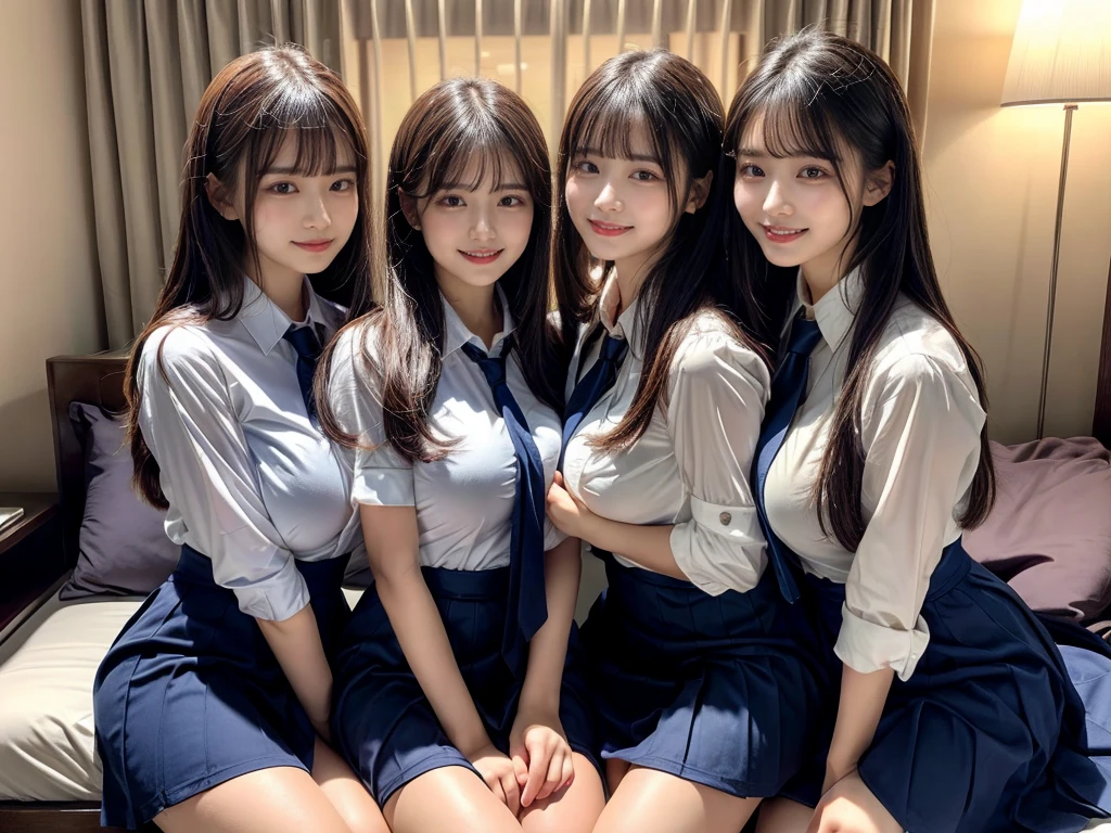 (8K, Raw photography, top-quality, ​masterpiece:1.2),  ((3 beatiful girls))、.（Realistic Skins 1.4）、（（（female high-school student、School Uniforms、）））、{{‎(The background is a luxury hotel room}}（（School Uniforms、white Cutter shirt、darkblue pleatedskirt))、（(long hair)）、（A dark-haired、The forehead is hidden by bangs、）、Black eyes、shinny skin.Beautiful delicate face、Beautiful delicate eyes、｛Voluptuous body shape、Thicker thighs｝、One piercing in each ear、((smile:1.3)),((large breasts)), ((navy blue tie)) ,looking at camera, ((close up))